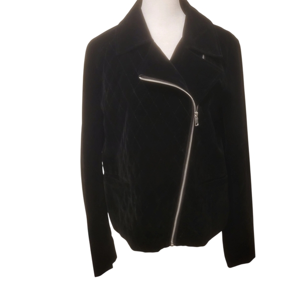 Roz & Ali Black Velvet Moto Biker Jacket Sz Medium Quilted Front Bottom Band - Picture 10 of 10